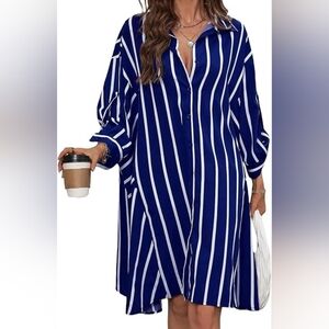 MakeMeChic Women's Casual Striped Button Down Dress